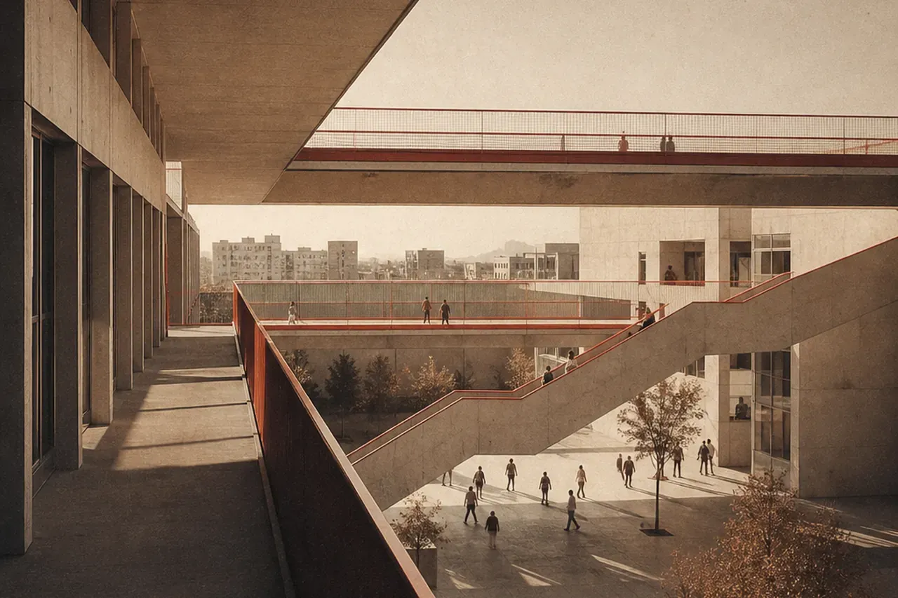 Architecture scolaire contemporaine vue en coupe