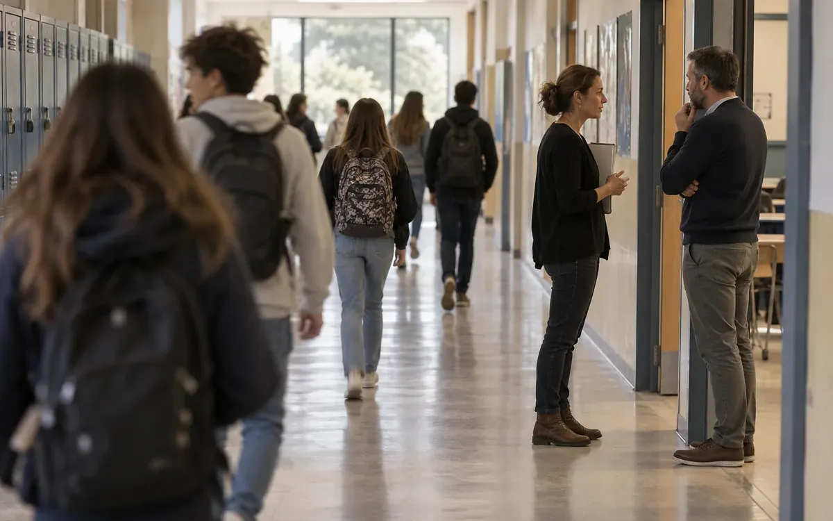 Couloir de collège avec casiers, affichages flous et adultes en discussion