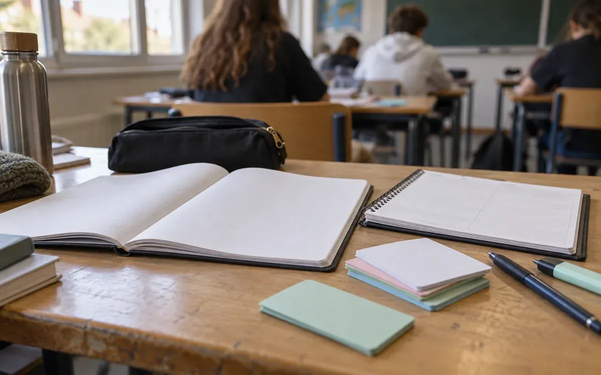 Cahier ouvert, agenda et cartes de révision sur une table de classe