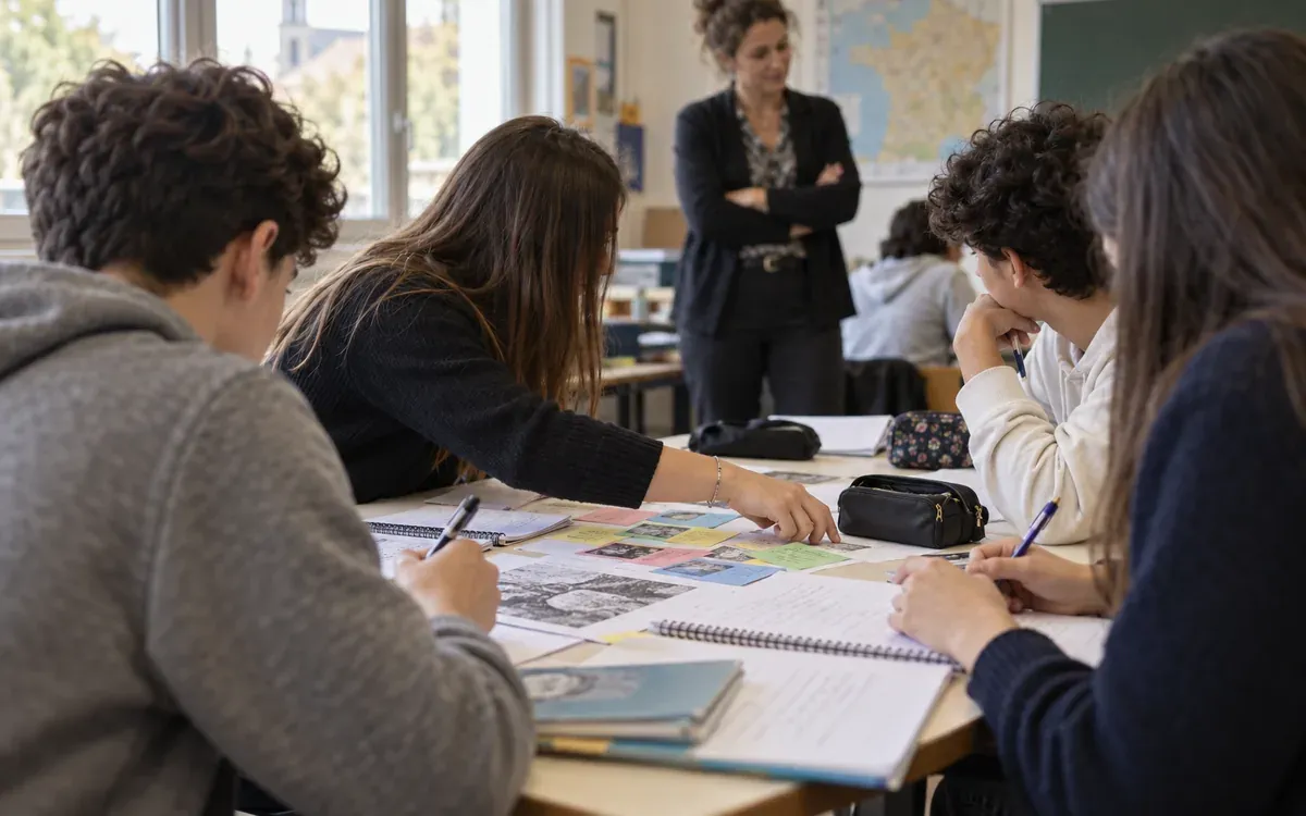 Élèves autour d’une table, cahiers ouverts et cartes de travail