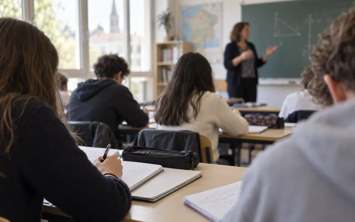 Élèves travaillant sur des cahiers pendant un cours en collège