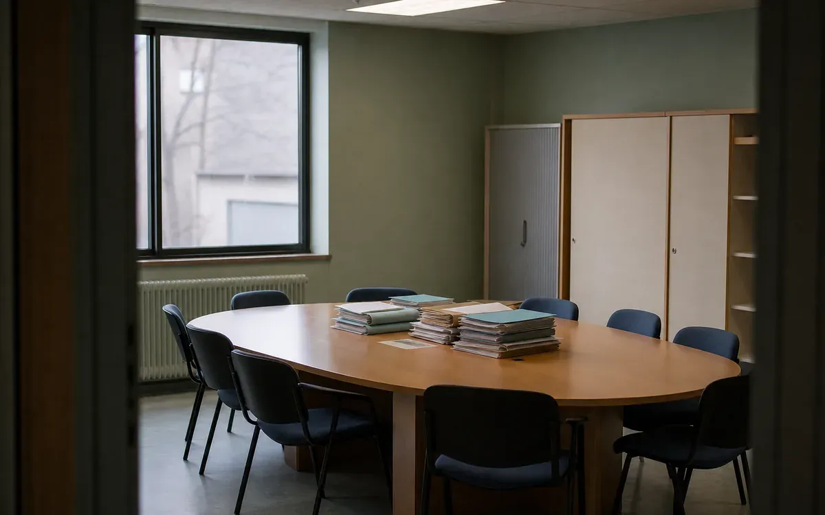 Table de réunion ovale avec chaises disposées autour dans une salle scolaire