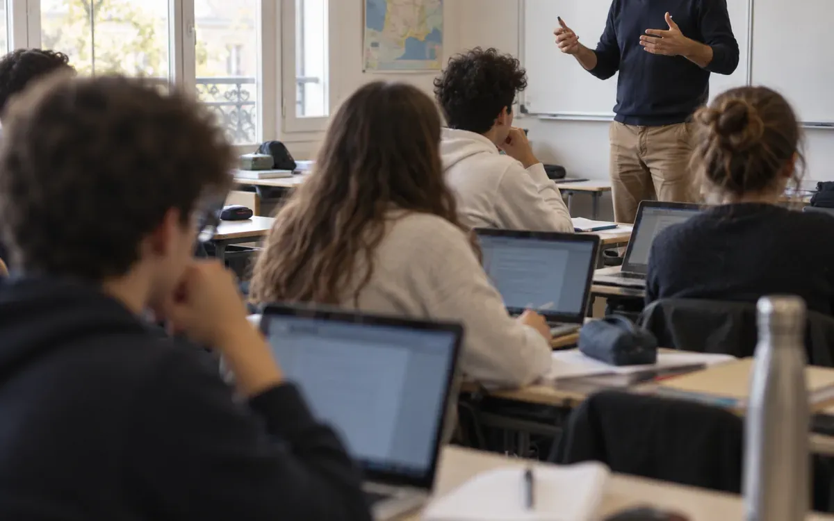 Salle de classe avec ordinateurs portables ouverts sur des bureaux