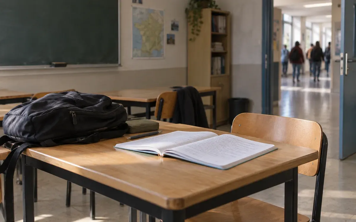Cahier ouvert et sac posé sur une table de salle de classe