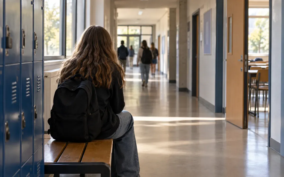 Couloir de collège avec casiers et élève assis de dos
