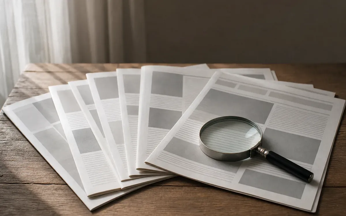 Plusieurs journaux papier étalés en éventail sur une table en bois