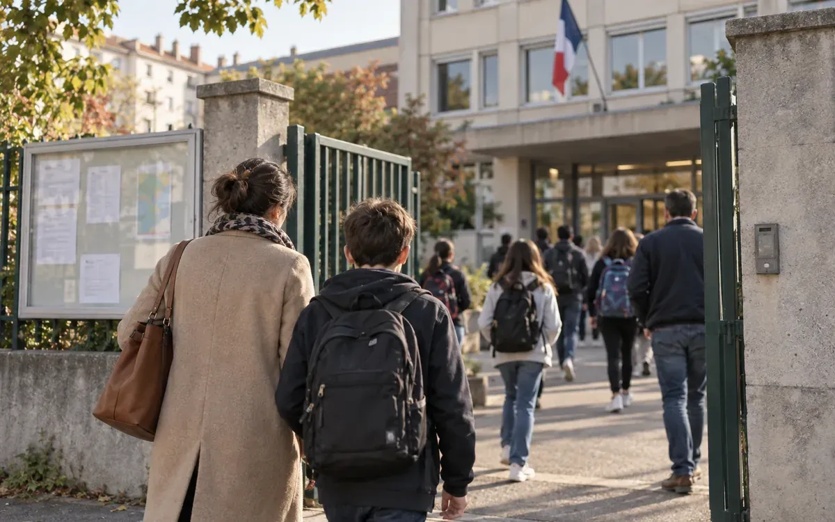 Façade d’un collège public avec parents à l’entrée