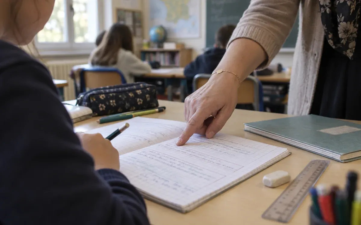 Cahier ouvert, consignes annotées et main d’enseignant en classe