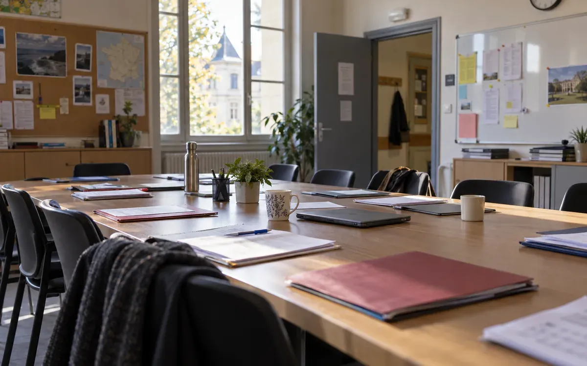 Salle de conseil d’établissement avec dossiers, chaises et tableau d’affichage