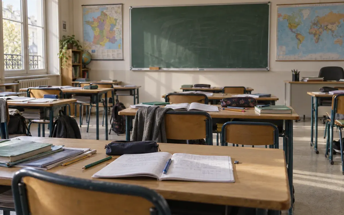 Salle de classe française vide avec tableau, cartes et cahiers ouverts