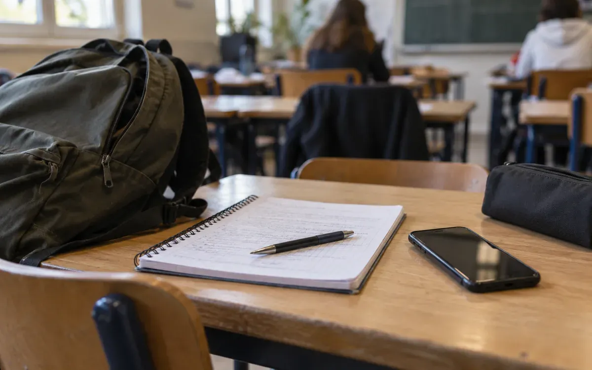 Carnet, téléphone et sac d’élève sur une table de classe