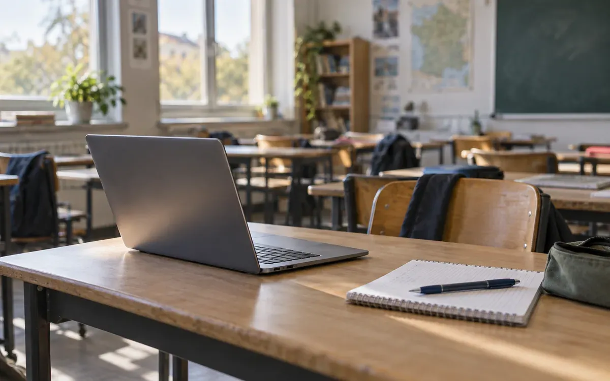Ordinateur portable ouvert sur une table de classe avec cahier et stylo