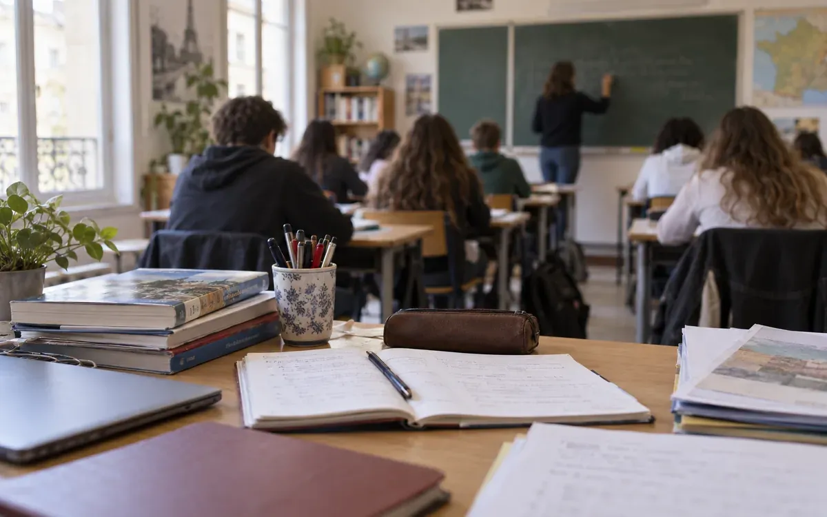 Salle de classe française avec cahiers ouverts et manuel sur un bureau