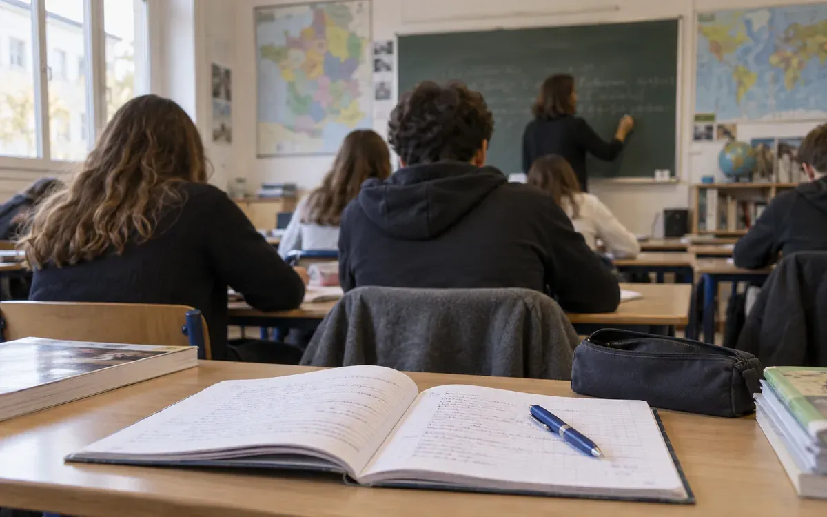 Salle de classe française avec cahiers ouverts et tableau au fond