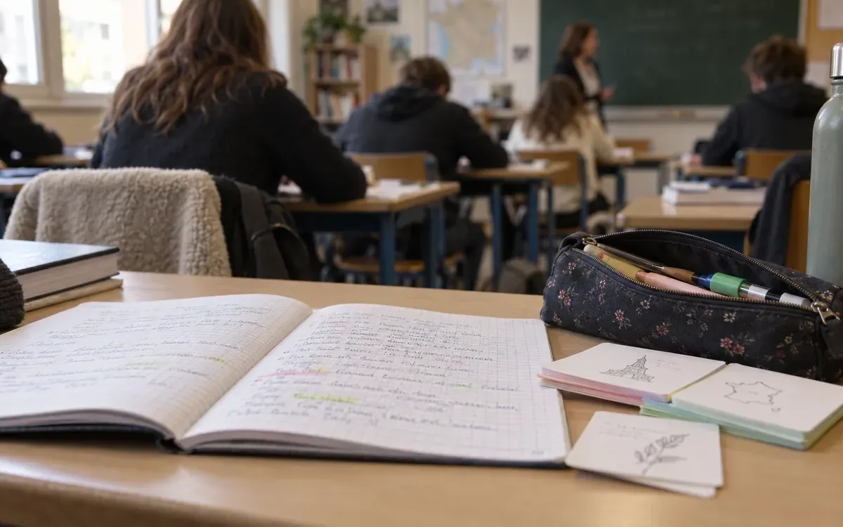 Cahier ouvert, fiches de révision et stylo sur une table de classe