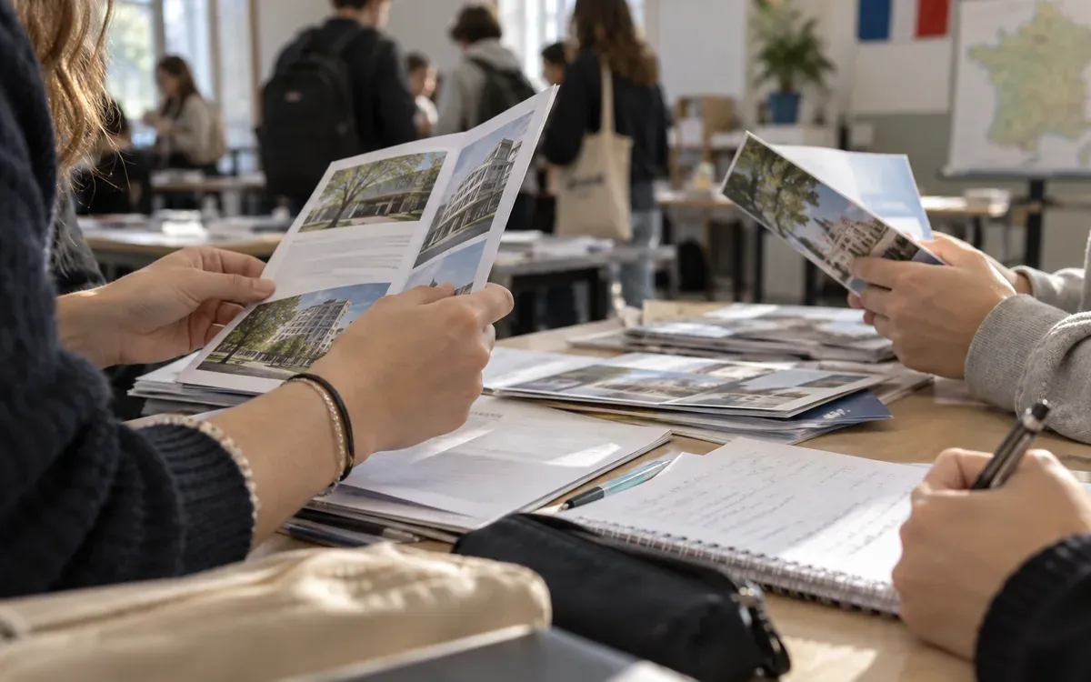 Élève consultant des brochures d’orientation sur une table en établissement scolaire