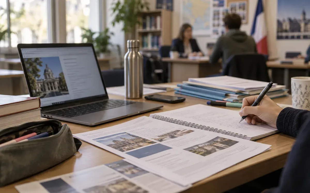 Ordinateur ouvert sur un bureau avec documents d’orientation scolaire
