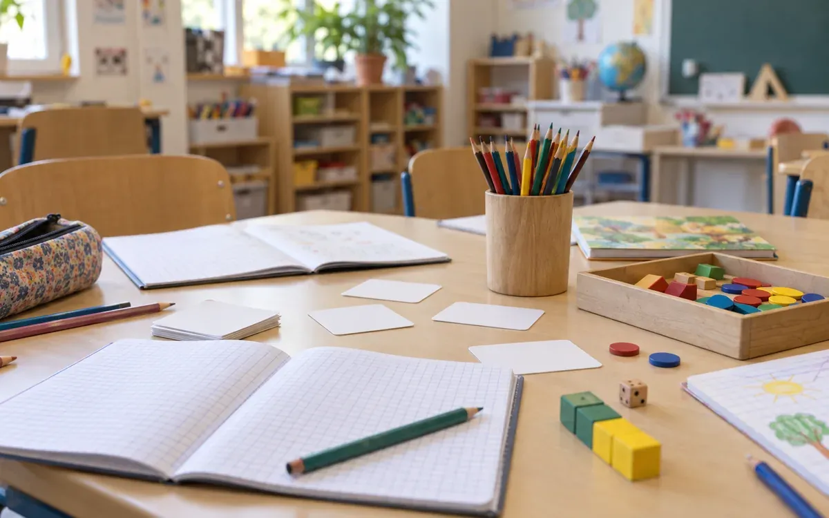 Cahiers, cartes et matériel pédagogique sur une table de classe