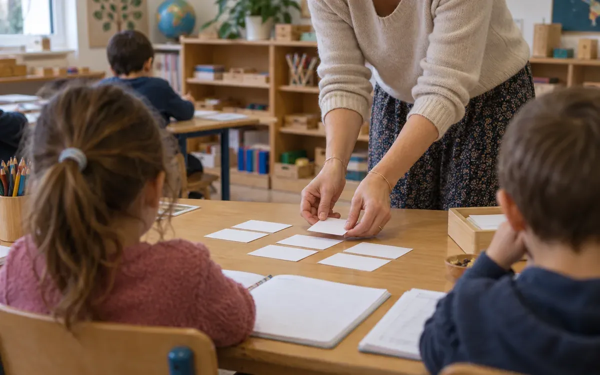 Salle de classe avec ateliers, matériel manipulable et cahiers ouverts