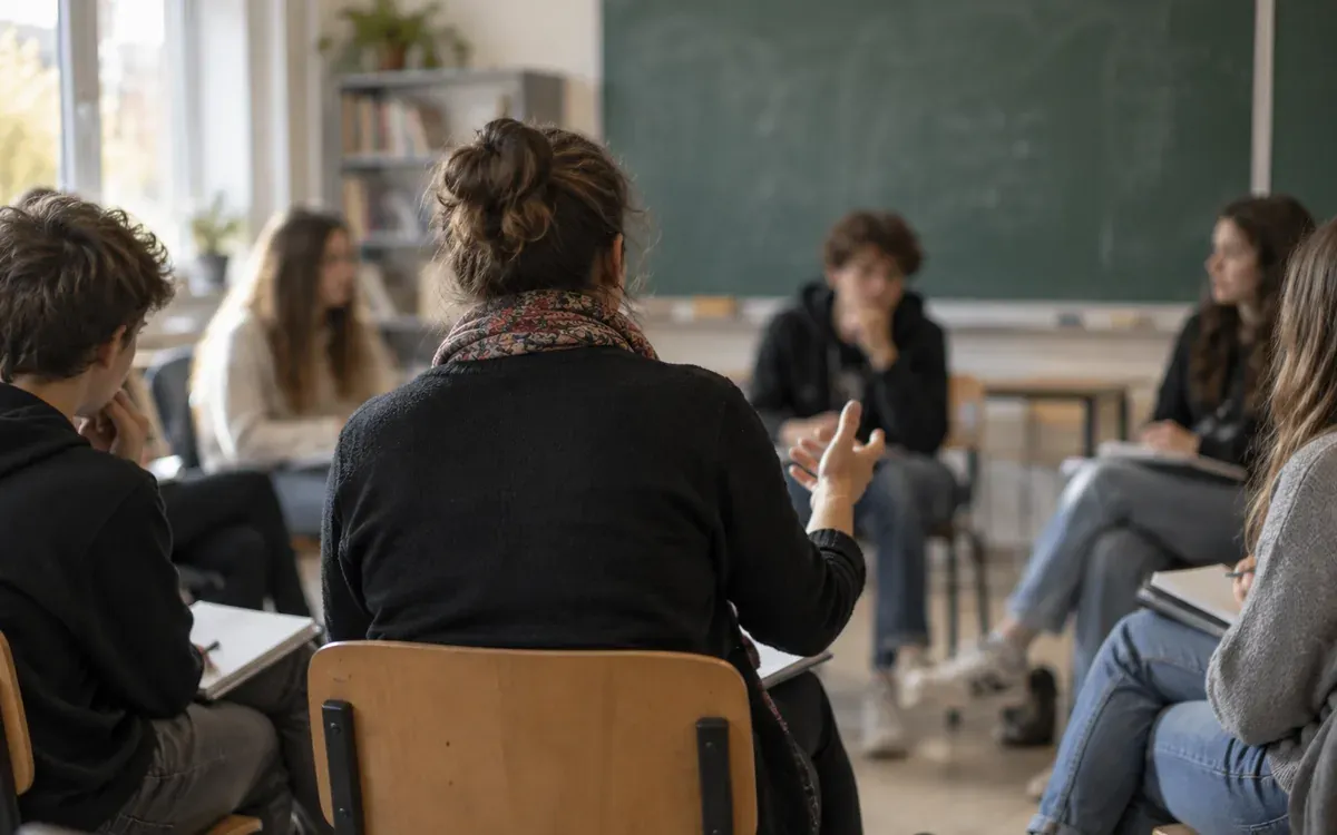 Conseil d’élèves en classe avec cahiers et tableau au fond