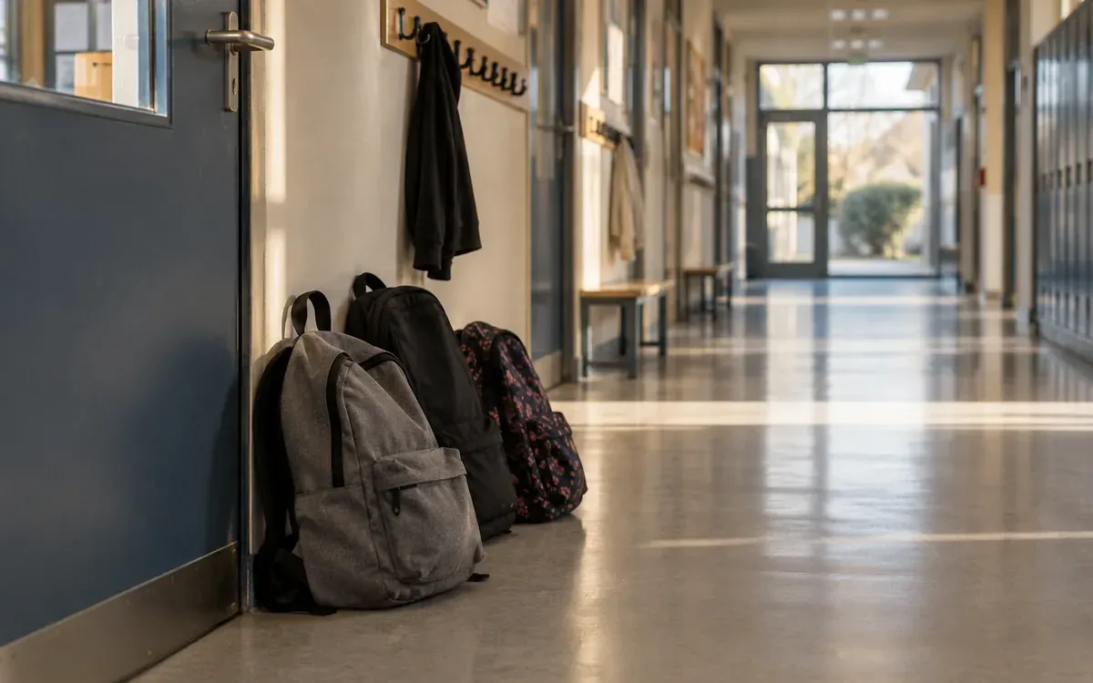 Couloir de collège vide avec cartables posés près d’une salle