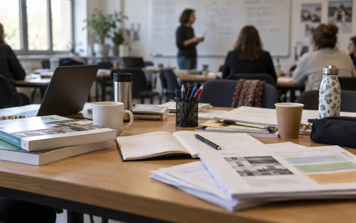 Copies, cahier de notes et documents de formation sur une table