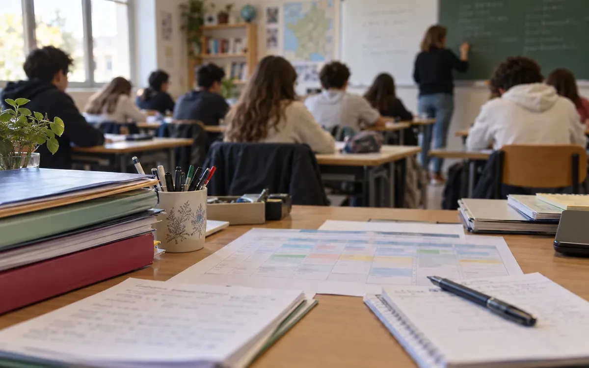 Salle de classe française avec documents officiels et cahiers sur une table