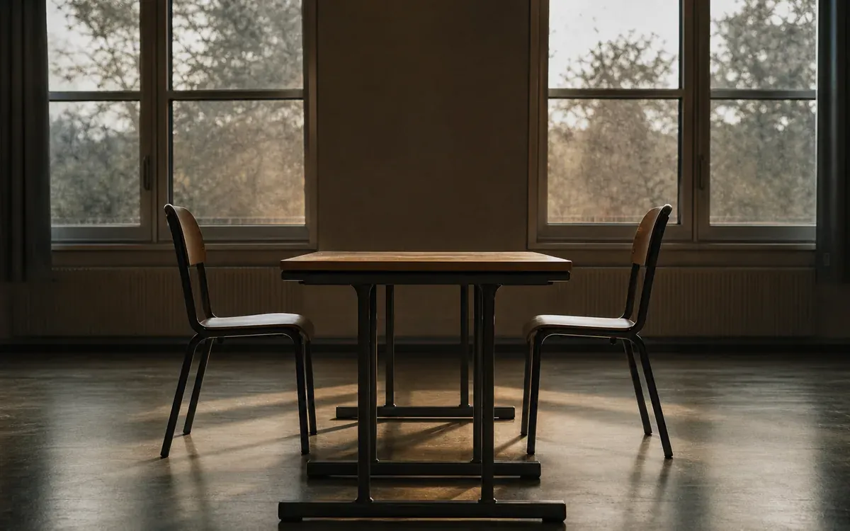 Deux chaises se faisant face de part et d'autre d'une table dans une salle de classe vide