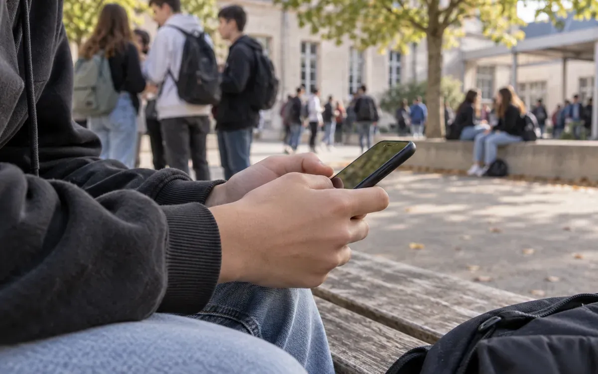 Adolescent tenant un smartphone dans une cour d’établissement scolaire