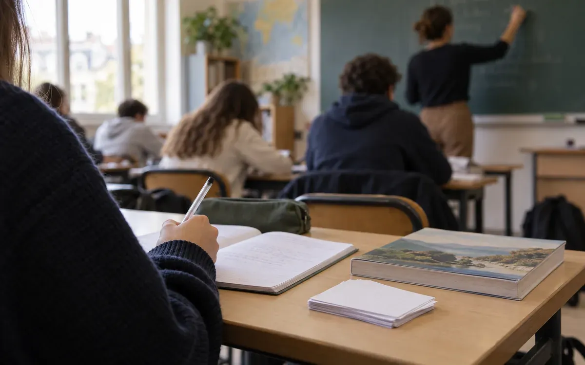 Cahier, cartes de révision et manuel ouverts sur une table de classe