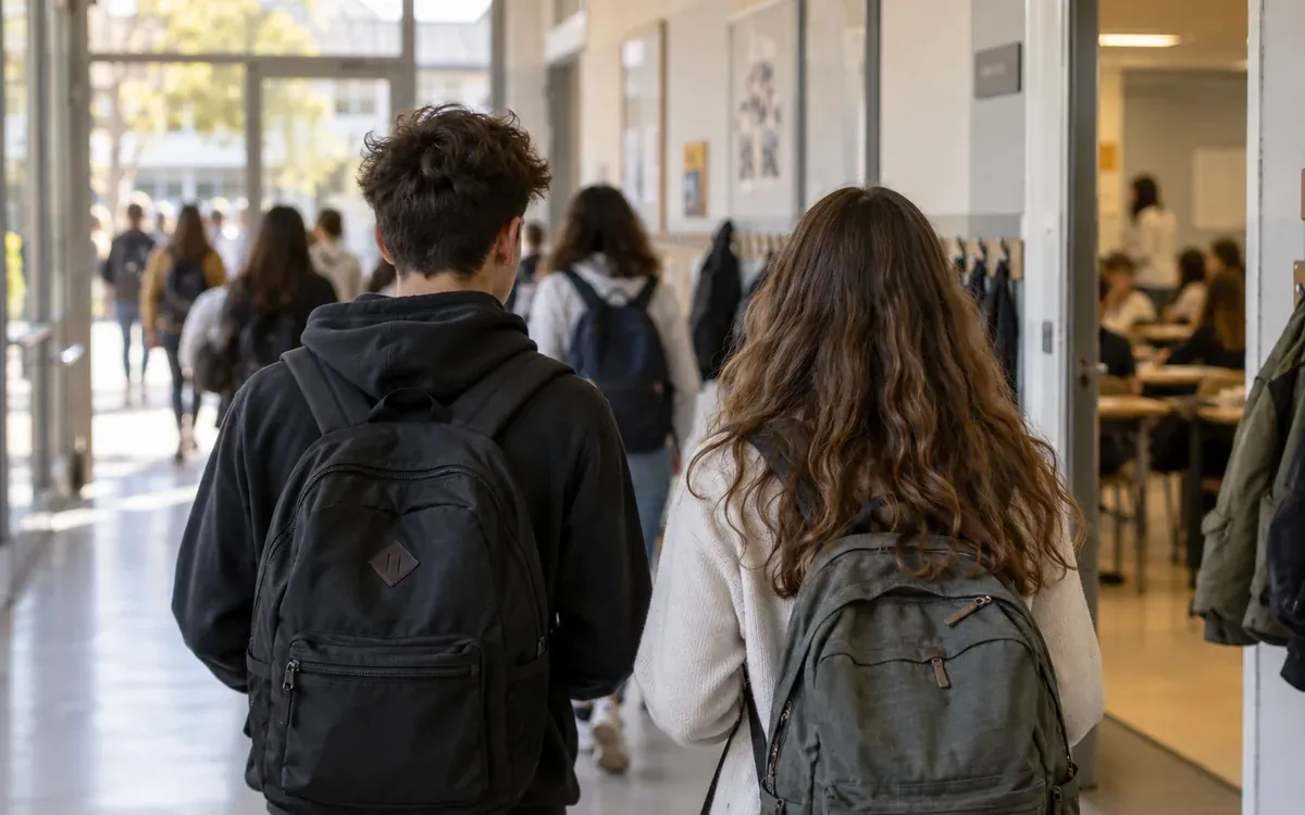 Couloir d’établissement scolaire français avec panneaux de salles et élèves flous